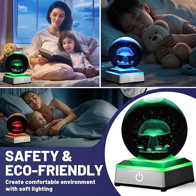 3D Mushroom Crystal Ball Night Light with LED Colorful Touch Base, Multicolor Crystal, 3.15 Inch Mushroom Figurines, Table Lamp Decor Gifts for Kids Teens Women