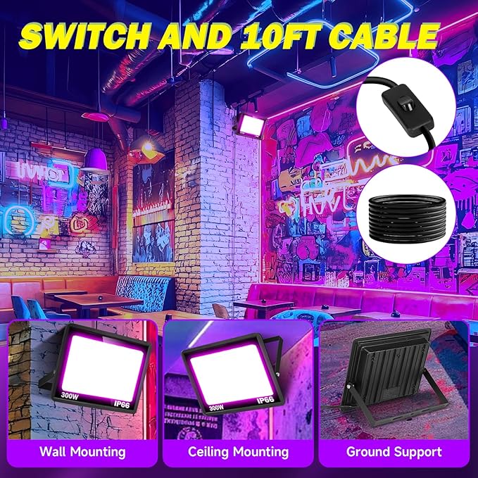 2 Pack 300W LED Black Light, IP66 Waterproof Outdoor Blacklight Flood Light Spotlight with Plug, Switch, Cord for Neon Glow Party Fluorescent Poster Body Paint Stage Lighting Halloween Decor