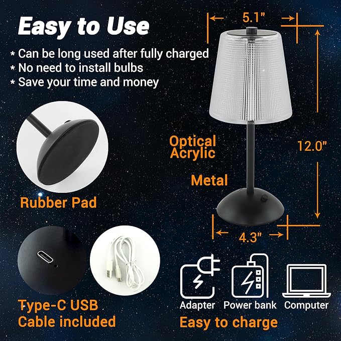 Cordless Table Lamp, 4000mAh Rechargeable Battery Operated Lamp, 3 Color Modes & Stepless Dimmable LED Touch Lamp, Portable Retro Metal Beside Lamps for Home Desk Bedroom Restaurant(Black)