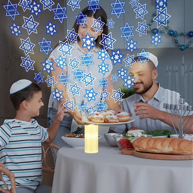 Hanukkah Light Decor Indoor Chanukah Projector Candle Chanukah Jewish Decorations Star of David Hanukkah Menorah Decor Blue LED Flameless Candle Battery Night Light with Remote Timer Xmas Party