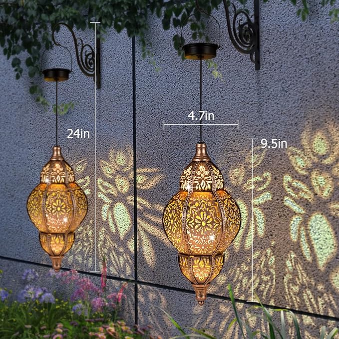 Hanging Solar Lantern Outdoor Decor, Moroccan Solar Lights for Outside Garden Decorations, Waterproof Solar Lanterns Garden Gifts for Mom, Women, Patio, Yard Ornament (Copper2P)