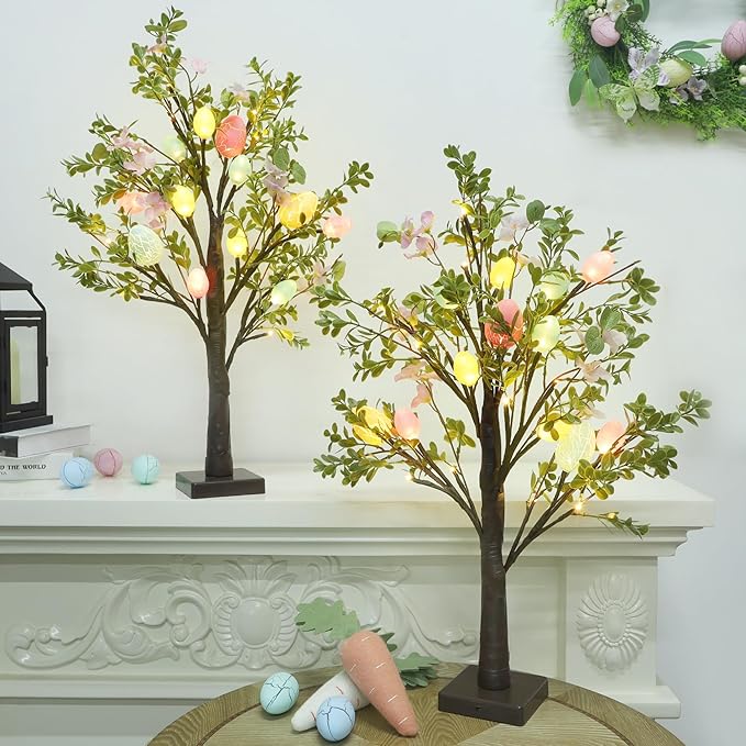 DR.DUDU Easter Decor Set of 2 Lighted 24 Inch Artificial Tree with Easter Eggs & Colorful LED Lights, Light Up Tabletop Bonsai Tree for Table Home Holiday Spring Decor