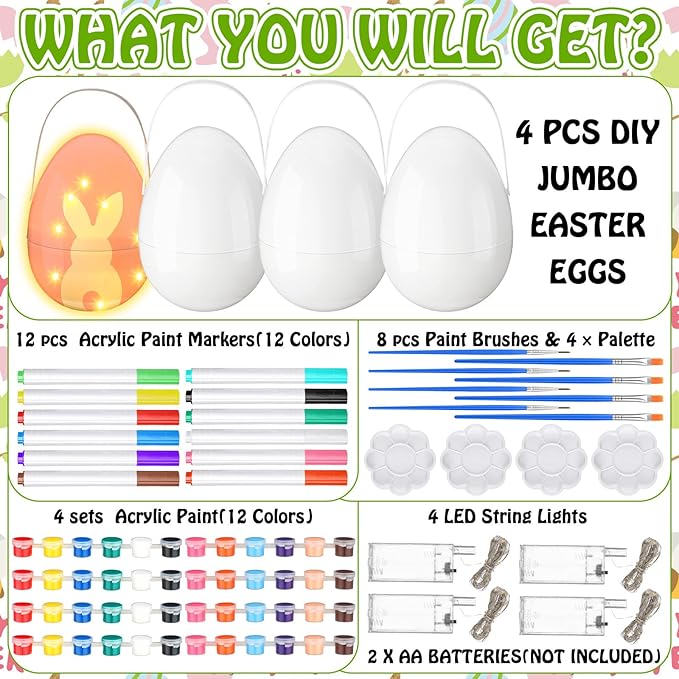 Colingmill 4 Sets Jumbo Easter Egg Plastic Fillable 10 Inch Giant Paintable Eggs with Handles Large White DIY Containers Paint Your Own Egg Lamp Kit for Easter Decor Basket Stuffers Fillers