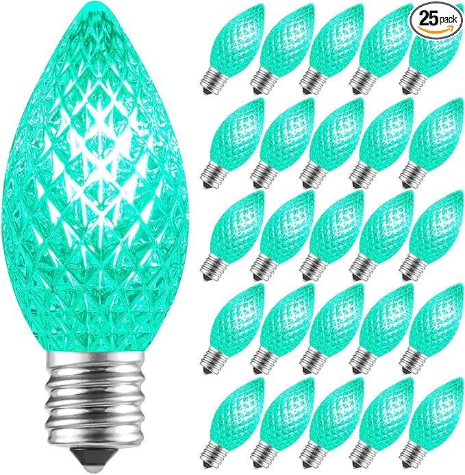 Minetom 25 Pack C7 LED Christmas Lights Bulbs, Shatterproof Replacement for String Lights, E12 Candelabra Base, Commercial Grade Dimmable Holiday Bulbs, Green