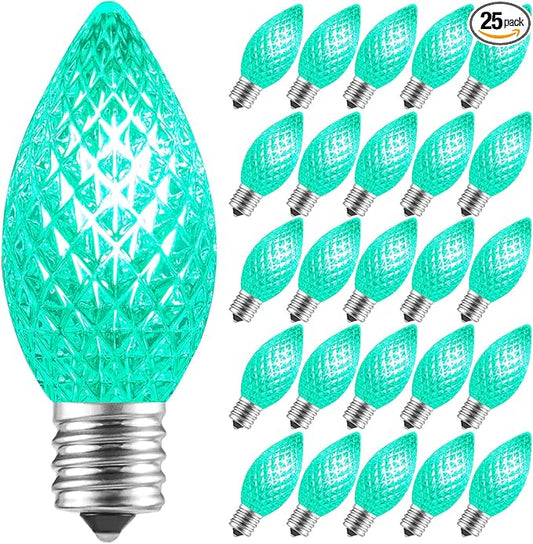 Minetom 25 Pack C7 LED Christmas Lights Bulbs, Shatterproof Replacement for String Lights, E12 Candelabra Base, Commercial Grade Dimmable Holiday Bulbs, Green