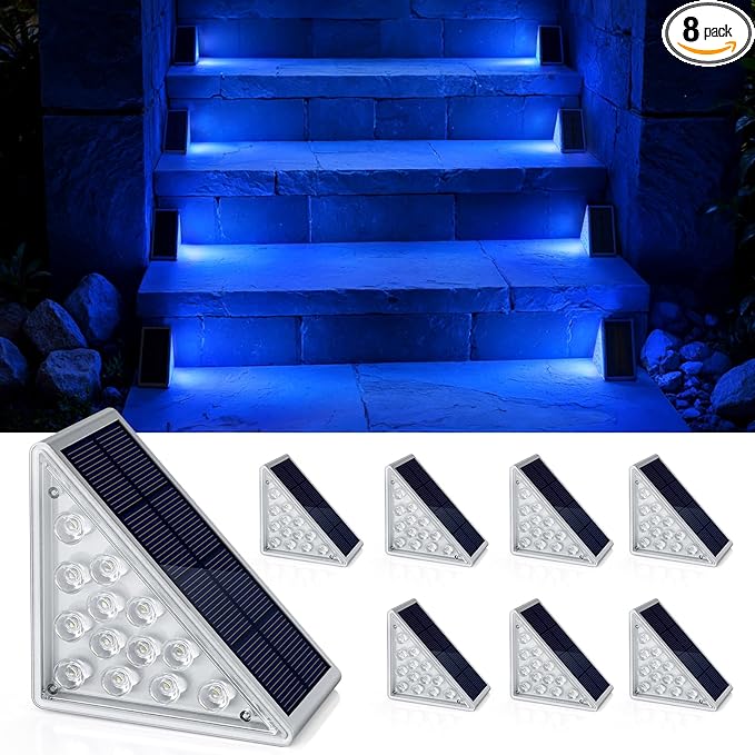 NIORSUN Solar Step Lights,8 Pack Blue LED Outdoor Step Lights, Stair Lights Outdoor for Patio, Fence, Yard, Walkway, Solar Powered Auto On/Off, IP67 Waterproof, Easy Install