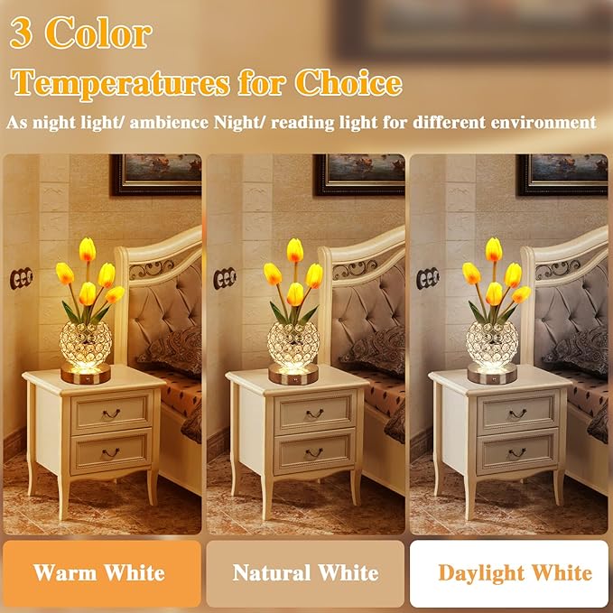 Birthday Gifts for Women Mothers Day Gifts For Mom Table Lamp, 3 Color Crystal Flower Bedside Lamps Infinitely Dimming with USB Charge Small Night Light,Nightstand Touch Lamp for Bedroom (gold-tulip)