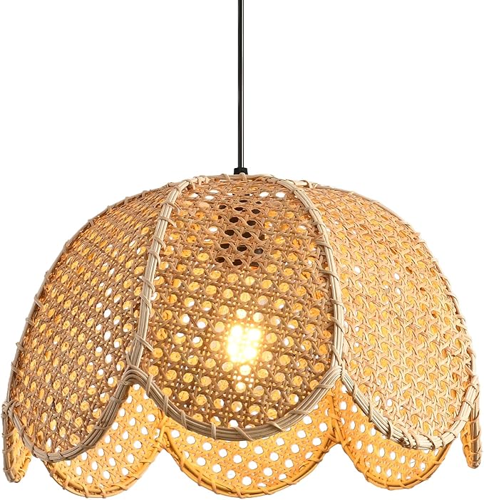15.75" Rattan Pendant Light Boho Natural Rattan Hanging Lamp,1-Light Hand-Woven Flower Shaped Ceiling Chandelier for Dining Living Bedroom Kitchen Farmhouse