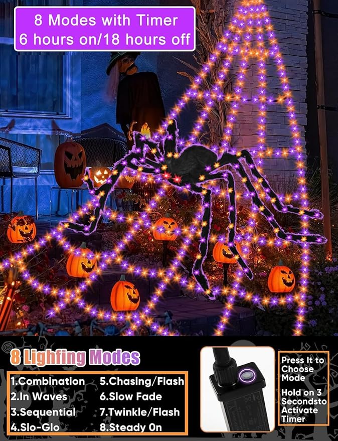 Spider Webs Halloween Decorations Lights - 550 LEDs Outdoor Giant Halloween Decor Lights with16.4ft,4ft Spider,8 Modes,Waterproof&Timer for Yard Porch Garden,Outside Party (with Spider)