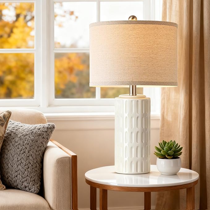 PARTPHONER 23" Farmhouse Modern Ceramic Table Lamp Set of 2 - White Bedside Lamps for Bedroom & Living Room, Nightstand, Desk, End Table