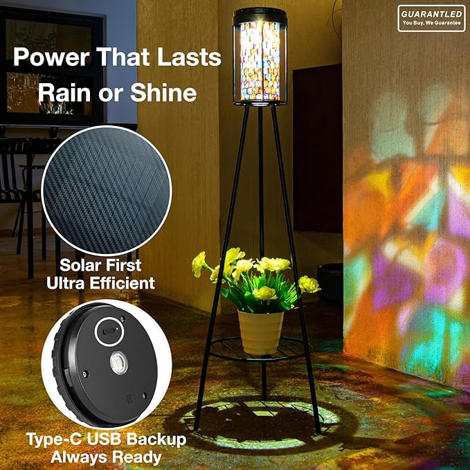 Outdoor Lamps for Patio 2 Pack, Outdoor Floor Lamp with Plant Stand, Solar Powered RGB Outdoor Lights, Waterproof Standing Lamp for Garden Yard Décor, Stained Glass Decorative Lamp, Gift for Women Mom