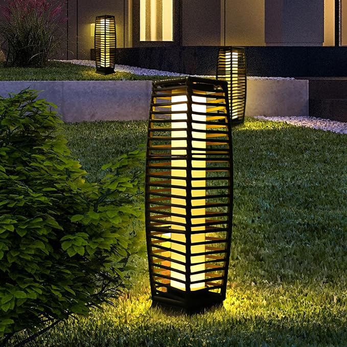 Solar Floor Lamp, Outdoor Floor Lamp, Solar Lanterns Waterproof, Solar Powered Resin Wicker Outdoor Lamp, Weather-Resistant Rattan Deck Light for Porch, Garden, Patio, Deck