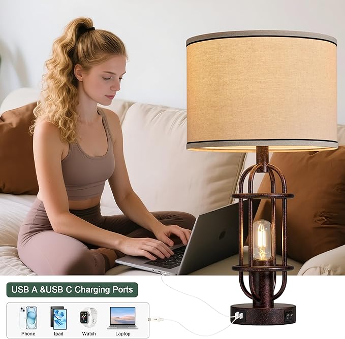 22.3" Table Lamps for Living Room Set of 2, Farmhouse Lamps for Nightstand, Vintage Table Lamps for Bedroom with USB Ports, Bulbs Included