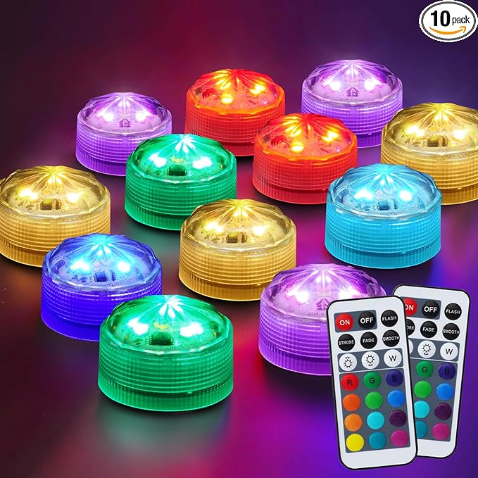 Homemory 10pcs Mini RGB Submersible LED Lights with 2Pack Remote, Multicolor Waterproof Small Tealight Candles Battery Operated Underwater Color Changing EFX Light for Vase, Halloween Lantern Decor