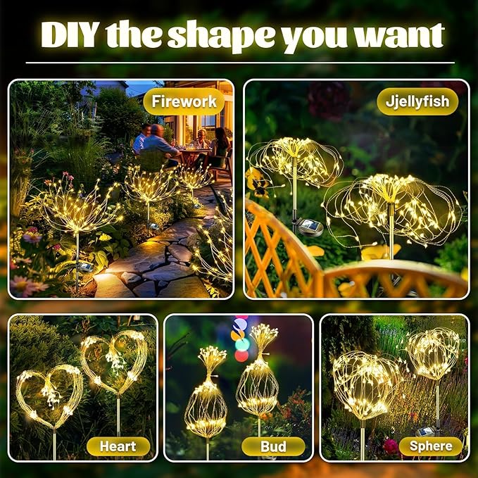 Anordsem Solar Garden Lights Outdoor: 120 LED Fairy Sparkler Firework Warm Lighting - Waterproof DIY Decoration Outside Yard Patio Flower Pot - Birthday Holiday Gifts for Women Grandma