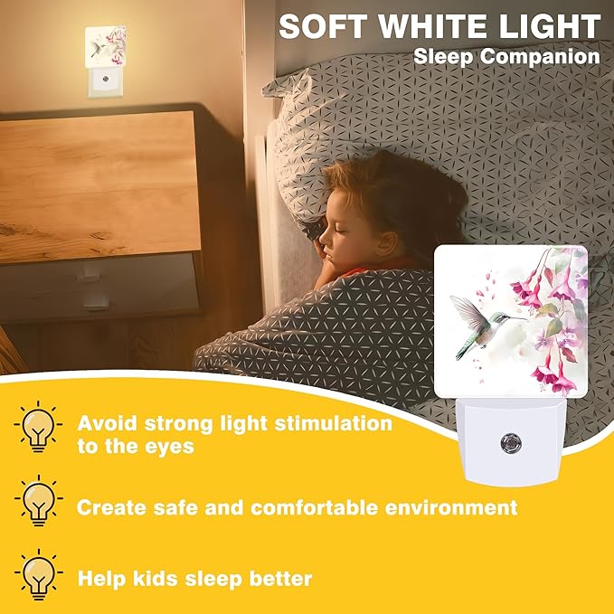 Night Light Hummingbird with Pink Flowers Night Lights Plug into Wall Smart Dusk to Dawn Sensor 0.5W Energy Efficient Led Lamp for Men Women Bedroom Bathroom Hallway Stairway Decor