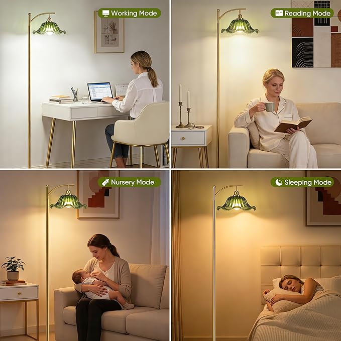 Gold Floor Lamp for Living Room, Dimmable Mid Century Modern Standing Lamp with Remote Control and Green Glass Shade, 68" Tall Lamp for Bedroom, Vintage Retro Antique Glass Flower Lamp, Brushed Gold