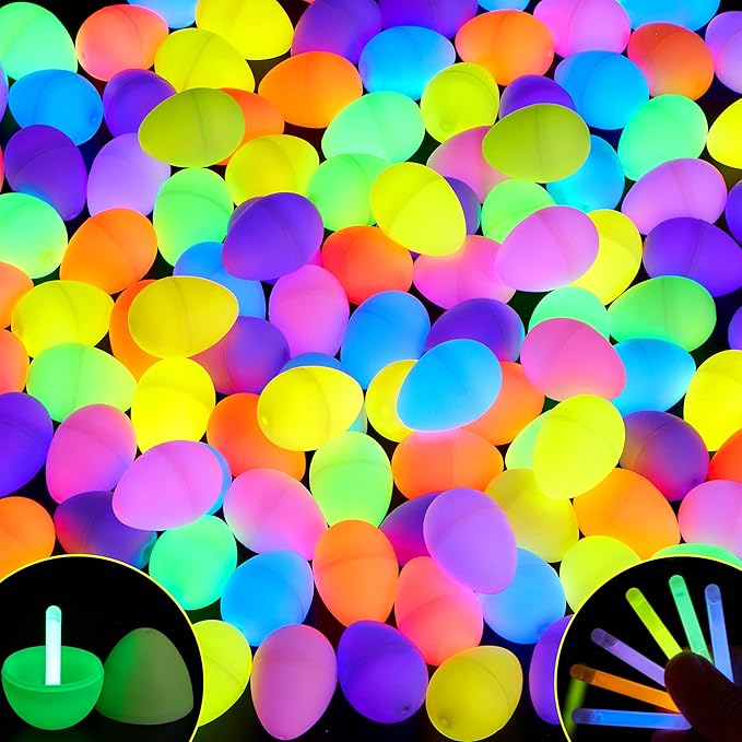 JOYIN 120 Pcs Easter Eggs with 120 Mini Glow Sticks for Kids Glow-in-The-Dark Basket Stuffers Fillers Gift, Easter Egg Hunt Game Party Favors Decorations Supplies, Classroom Prizes