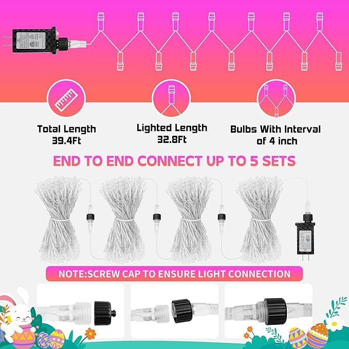 100 LED Easter Mini Lights - 33Ft Pastel Colored Connect String Light Plug in with 8 Modes, Timer, Waterproof- Fairy Christmas Lighting for Outdoor Tree Bedroom House Party Decorations - White Wire