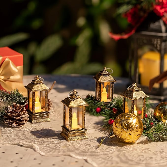 Vintage Lanterns Decorative Indoor: 24 Pcs Brass Mini Lanterns for Wedding Table Centerpieces Small Battery Powered Led Lights Bulk for Party Christmas