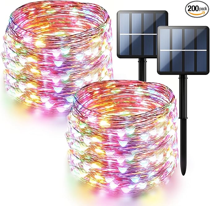 2-Pack 200 LED Solar Fairy Lights Outdoor, Upgraded Oversize Lamp Beads & Super Bright Solar String Lights Outoor, 8 Modes Solar Lights for Garden Patio Decorations(Multi-Colored)