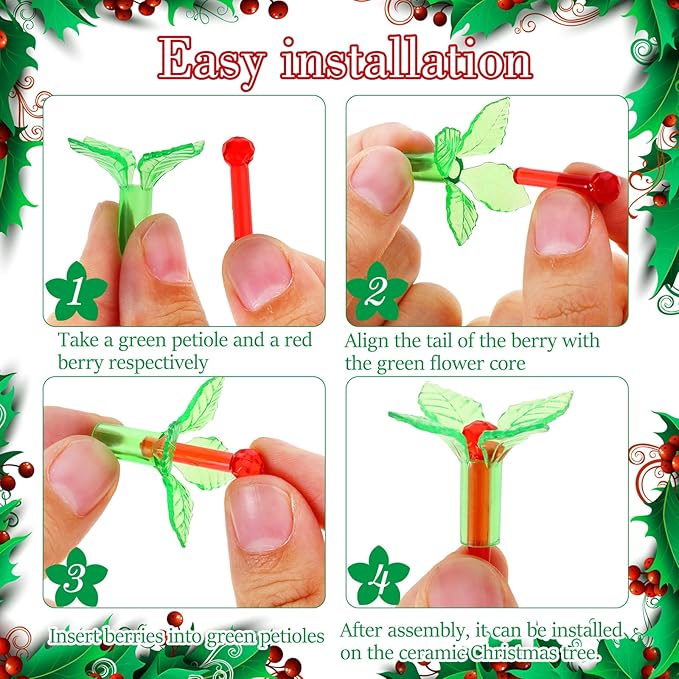 125 Piece Ceramic Christmas Tree Replacement Lights - Red Holly Bulbs & Star Toppers - Medium Size - Green & Red - Christmas & Occasion Decorations