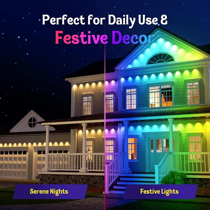 Fitop Permanent Outdoor Lights, 50FT RGB Smart Eaves Light for House, IP67 Waterproof LED Strip Light, Extendable Outdoor Decor Lights, Music Sync, App/Remote Control, Compatible with Alexa/Google