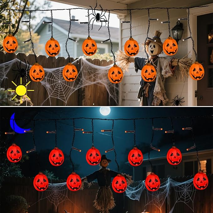 6FT 25LED Halloween Pumpkin String Lights, Icicle Light Strand with 10 Orange Jack O'Lantern, 8 Lighting Modes, Battery Operated, Indoor Outdoor Holiday Decoration
