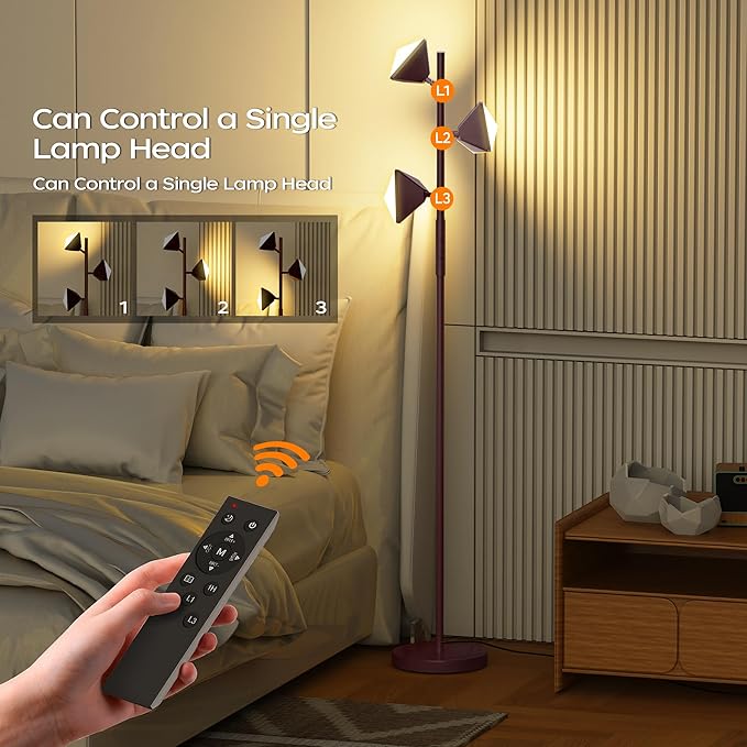 LED Tree Floor Lamp, 36W Dimmable Tall Standing Lamp with Remote & Touch Control, 2700K-6500K 4 Color Temperatures, 3 Rotatable LED Lights Floor Lamps for Living Room, Bedroom, Office - Brown