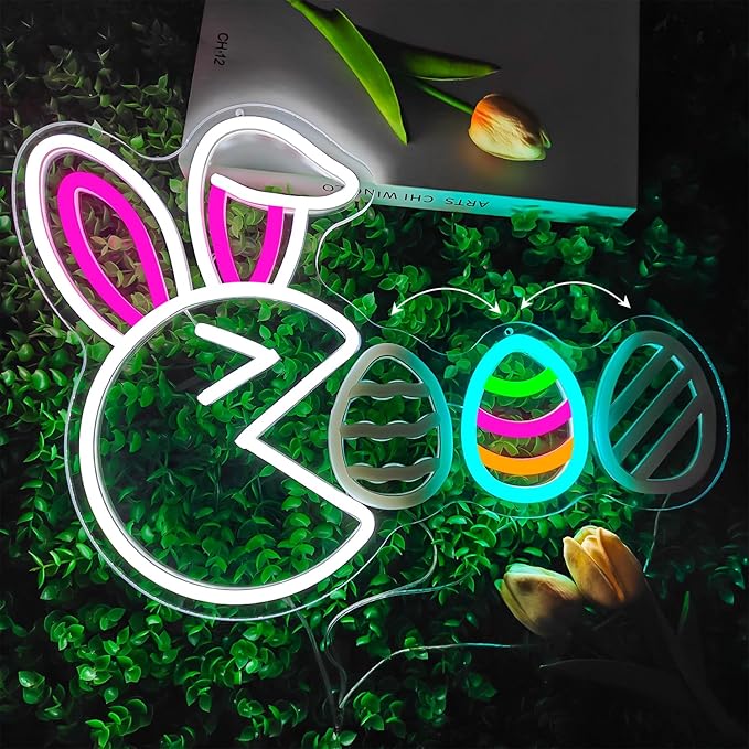 Easter Neon Sign for Wall Decor Bunny Led Sign Cute Rabbit Neon Light Easter Decorations Dimmable Funny Egg Light Up Sign for Window Spring Bar Living Room Home Holiday Bedroom Party Gifts