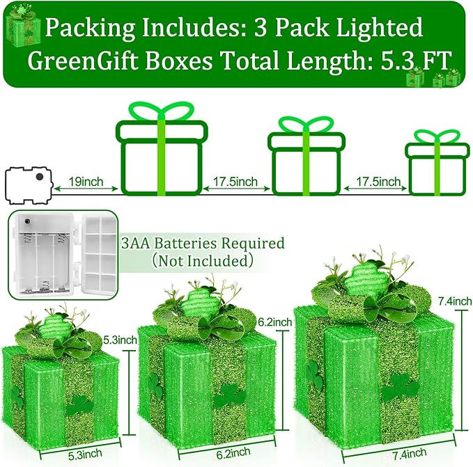 Timer & 8 Mode 3 Pack St Patricks Day Decorations Lighted Gift Boxes with 3D Shamrocks 60 LED Glitter Tinsel St Patrick's Day Decor Battery Operated Light Up Clover Present for Outdoor Home Room Decor