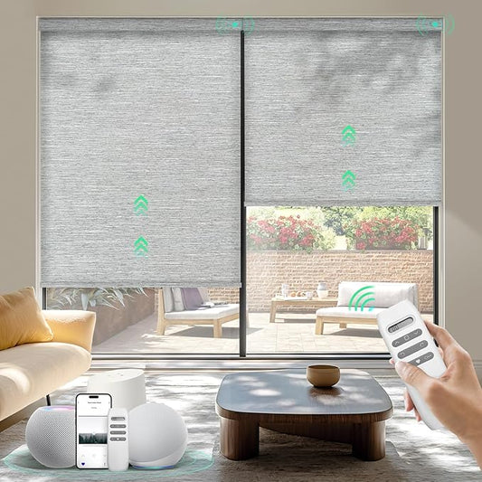 HeyBlinds Motorized Roller Shades, Smart Blinds for Windows, Remote Automatic Window Shades, Electric Shades, Light Filtering, Compatible with Alexa Google Apple Home (Summer Haze-Greywind LF)