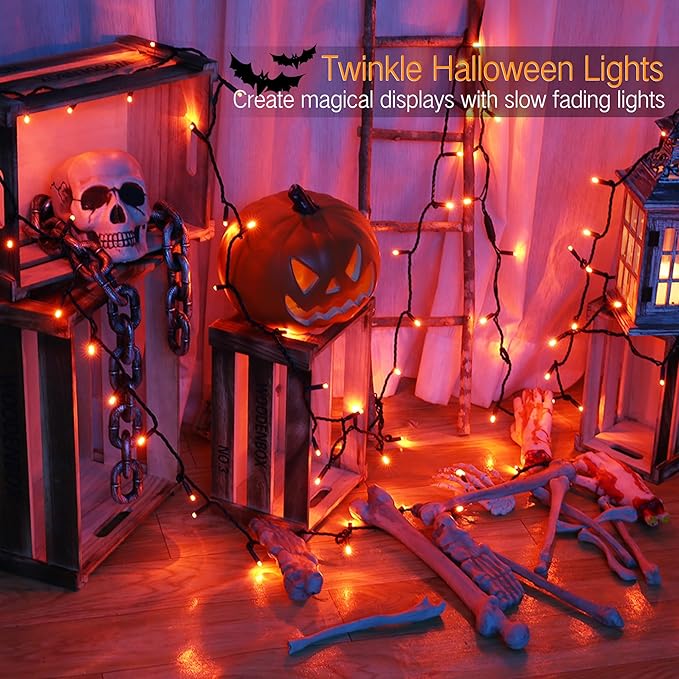 Brizled Orange Christmas Lights, 33ft 100 LED 5mm Wide Angle Gentle Twinkle Christmas String Lights, 120V UL Certified Connectable Christmas Tree Light Outdoor for Halloween Tree Christmas, Green Wire