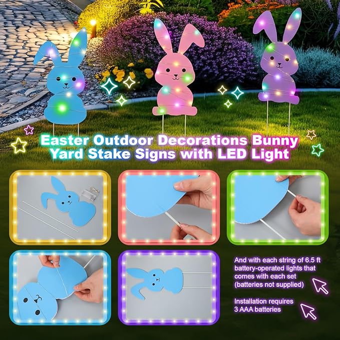 Novabright 6 Pcs Easter Bunny Yard Signs Colorful with Stakes, Outdoor Garden Bunny Lawn Signs with 39ft LED Lights Rabbit Happy Easter Decorations for Home Spring Props Party Supply