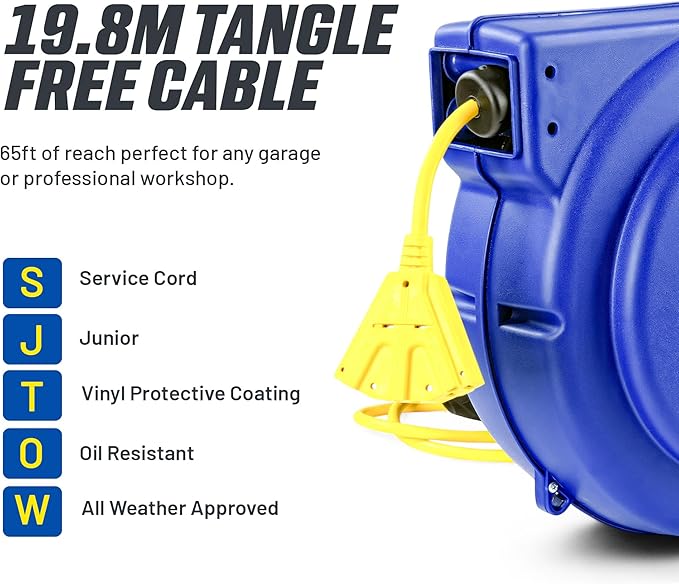 Goodyear Retractable Extension Cord Reel – Heavy-Duty Commercial Cable with Triple Tap Connector, Auto-Rewind & Wall/Ceiling Mountable (Enclosed, 12AWG x 65 ft)