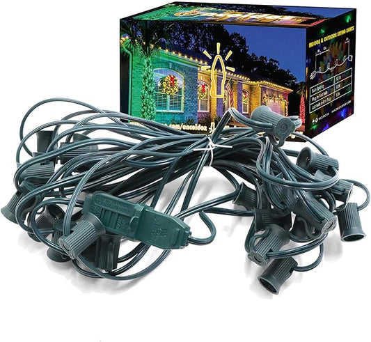25FT C7 Light String Christmas Stringer, E12 Christmas Sockets 12" Spacing, C7 Stringer Set Green Outdoor String Light for Wedding Patio Event Lighting Decor, Green Wire