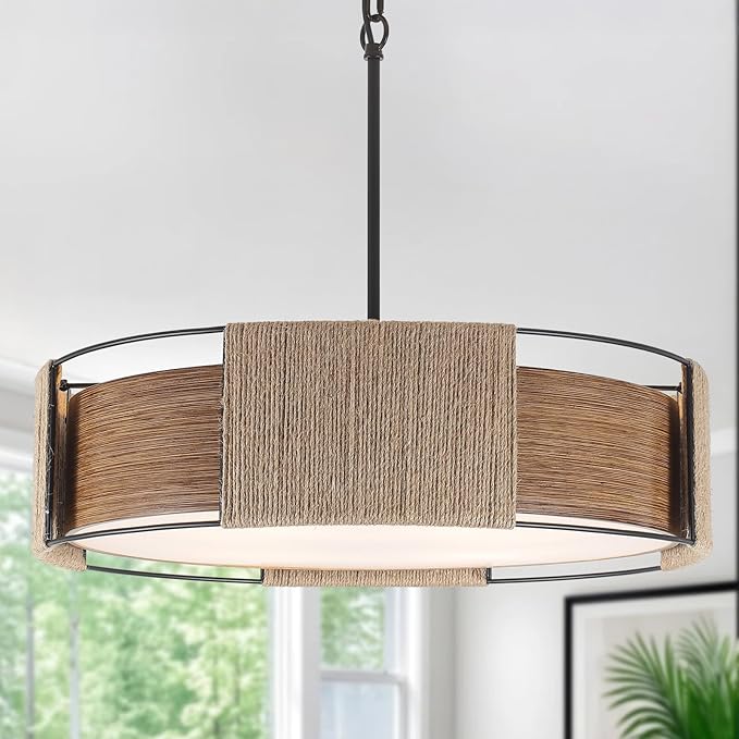 4-Light Rattan Chandelier, 23.62'' Dual-Layer Shade Light Rustic Rattan and Metal Wood Grain Round Pendant Kitchen Island Lighting Hanging Drum Chandeliers for Dining Room Foyer Bedroom Living Room