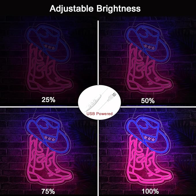 Cowboy Hat and Boot Neon Sign for Wall Decor,Dimmable LED Pink Cowgirls Boot Neon Signs 15X10.8 in USB Powered Western Cowboy Neon Light for Game Room Bedroom Party Bar Decor Birthday Christmas Gift