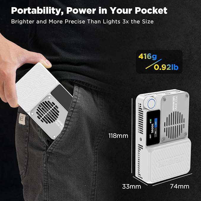 Amaran Ace 25x Pocket Bi-Color LED Light: Boost Mode Up to 32W, Bi-Color Mini Video Light (2,700-6,500K), 1,636 Lux@1m, 4,500mAh Battery with PD Fast Charging for Mobile Creators (White)
