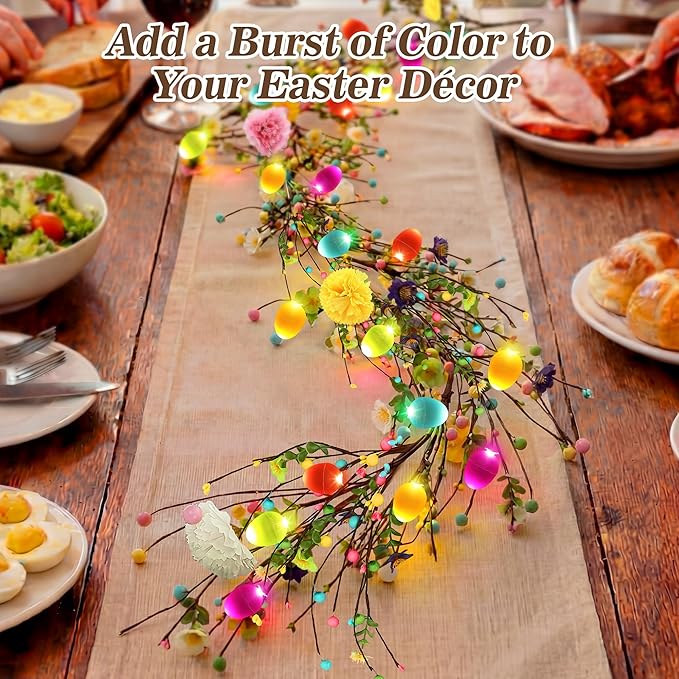 Enhon 6ft Easter Garland with Light, 20 LED Easter Egg Decoration, Spring Decorative for Mantle, Table Centerpieces, Stair Railing, Doorway, Windowsills, Front Door Décor & Party