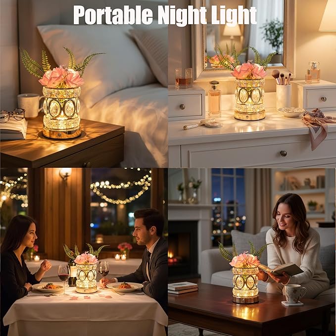 Rose Flower Lamp, Rechargeable Cordless Touch Crystal Bedside Table Lamp with 3-Color Dimmable Small Night Light - Birthday Gifts for Women, Mom, Wife, Living Room, Bedroom Decor, Romantic Home Decor