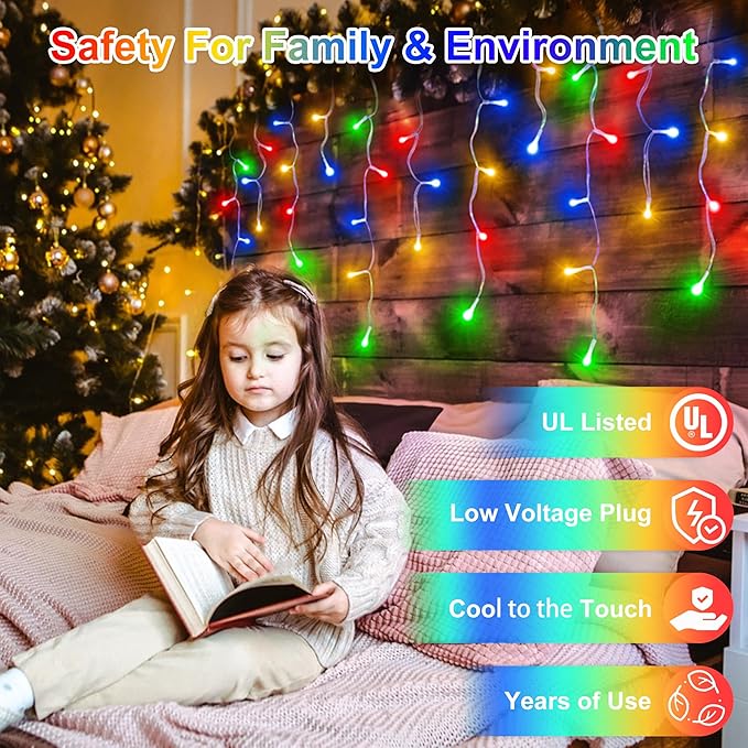66 FT LED Christmas Lights with 140 Drops, 490 LED Indoor Outdoor Christmas Decorations, 8 Lighting Mode Waterproof Fairy Lights with Timer for Xmas Holiday Wedding Yard Party Multicolor