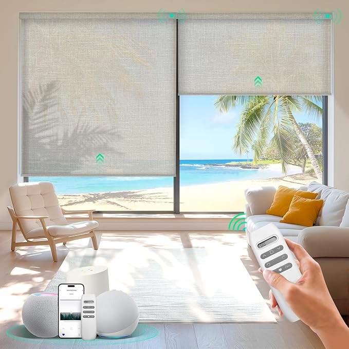 HeyBlinds Motorized Roller Shades, Smart Blinds for Windows, Remote Automatic Window Shades, Electric Shades, Light Filtering, Compatible with Alexa Google Apple Home (Grace-Latte LF)