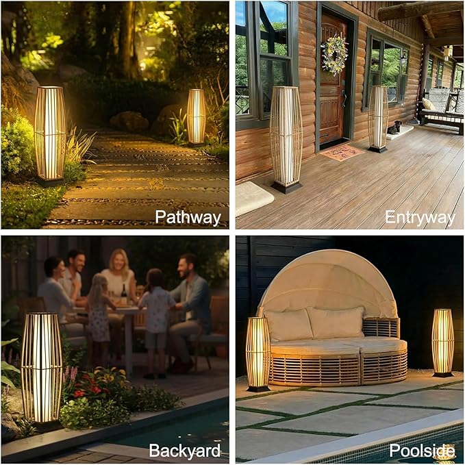 Rattan Outdoor Floor Lamp Set of 2, Boho Solar Porch Lights Outdoor Waterproof for Patio, Garden, Balcony & Deck, Natural (Vertical)