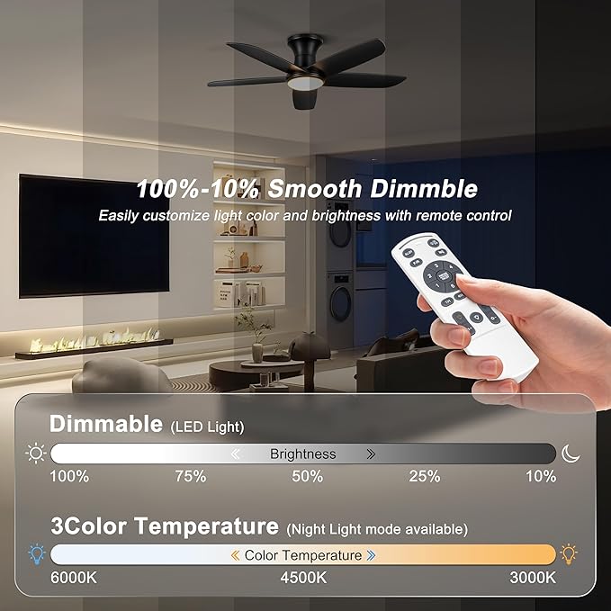 Ohniyou Ceiling Fan with Lights, 46" Flush Mount Ceiling Fans Remote/APP Control - Dimmable, Quiet DC Motor, Indoor Ceiling Fans for Bedroom Kitchen, Black
