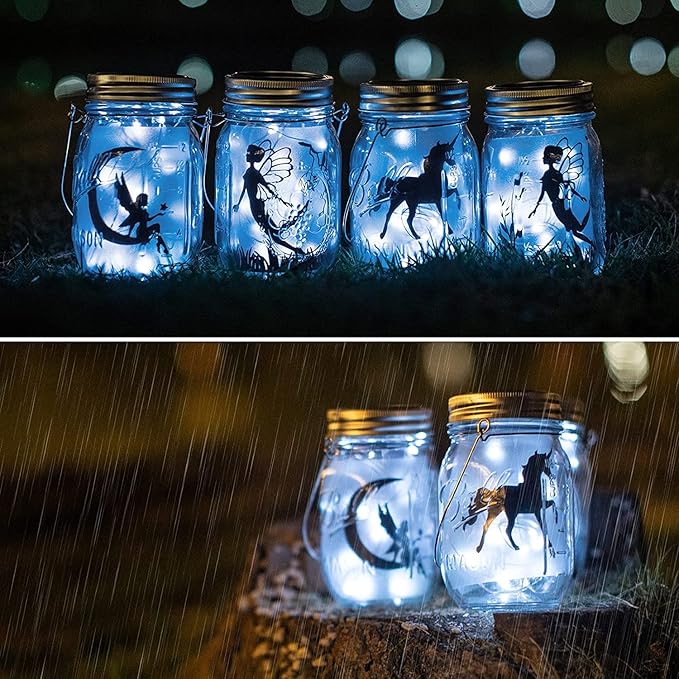 8 Pack Fairy Star Firefly Jar Lids Lights,Solar Fairy String Lids Lights（No Jars）,Waterproof Lantern Mason String Solar Lights with Hangers for Regular Mouth Jars Gifts(Cold White)