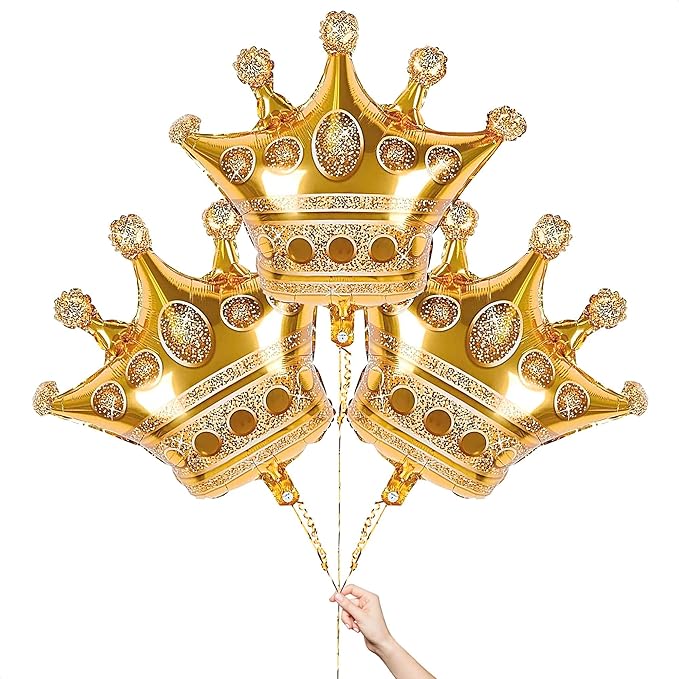 Gold Crown Balloons Set of 3 – 38.2"x35.4" Large Princess Balloons with Royal Crown Shape, Reusable Foil Design – Eye Catching Centerpiece for Princess Party Decor, Birthday Setup and Photo Backdrop