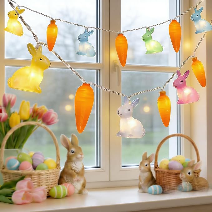 LED Easter Bunny Carrot String Lights, 8.5Ft Plug in Rabbit Lights Indoor Easter Decorations, 10 Multicolor Bunny Carrots for Outdoor Party Birthday Garden Spring Home Decor for Kids