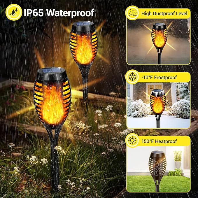 Solar Lights Outdoor, 4 Pack Solar Torch Light with Flickering Flame, Waterproof Outdoor Garden Lights for Yard, Tiki Torches for Outside Patio Pathway Decorations