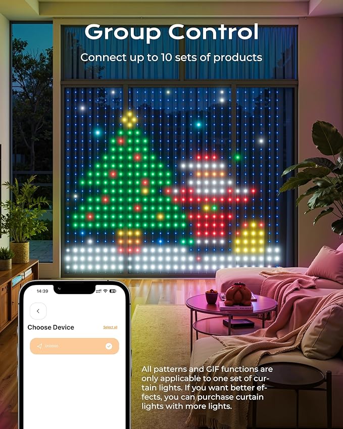 900 RGBIC LEDs Smart Curtain Lights with DIY GIF, 6.6x6.6ft Color Changing Christmas Wall Lightss with APP, IP65 Waterproof String Fairy Lightss for Indoor Outdoor Bedroom Window Garage